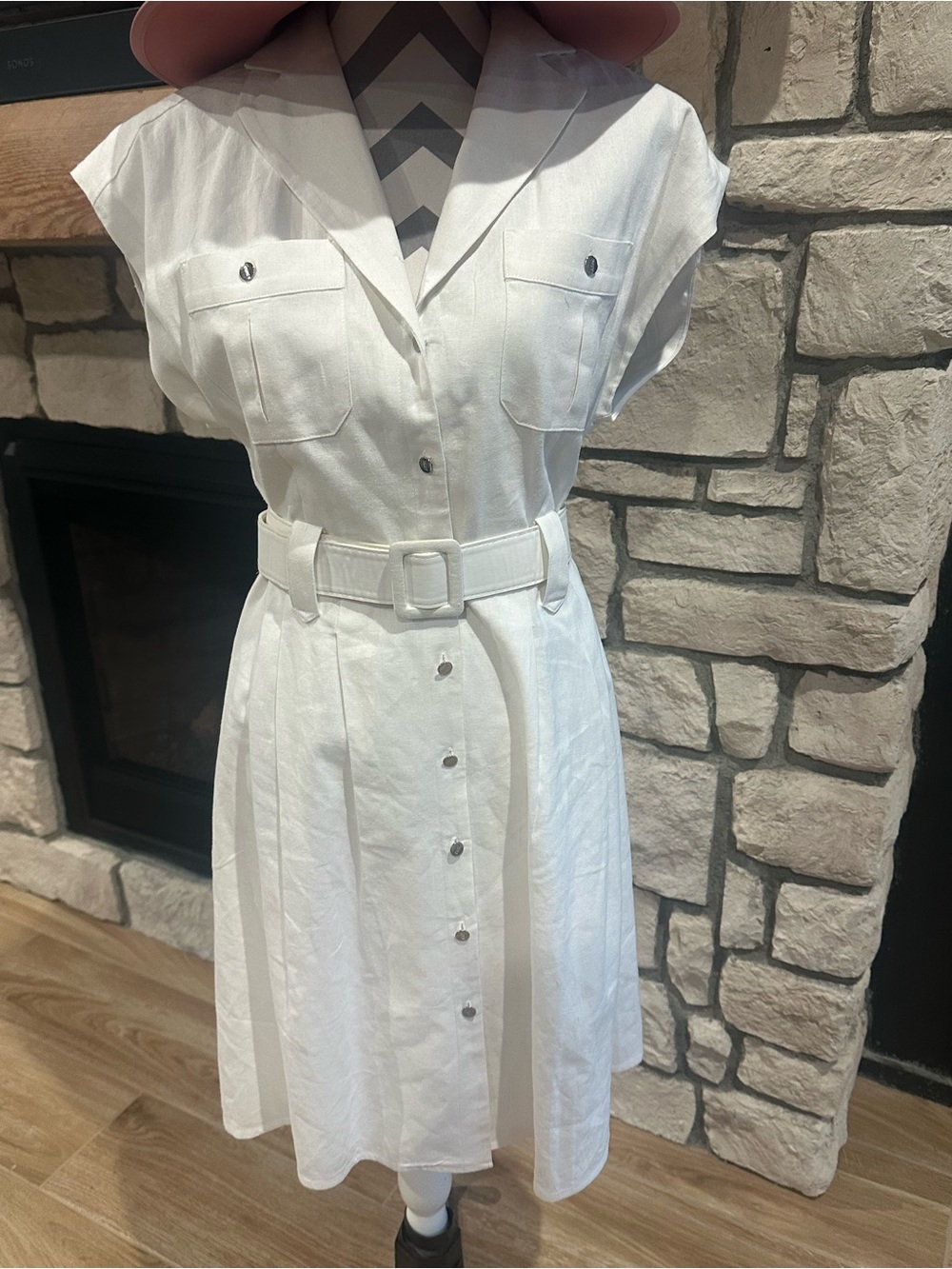 DKNY notched collar white short-sleeve shirt dress belted with chest pockets 10 - Picture 6 of 9